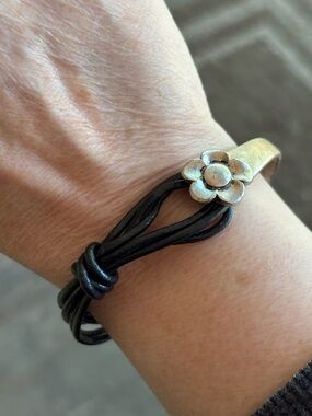 Black Leather and Silver Flower Bracelet, NFS